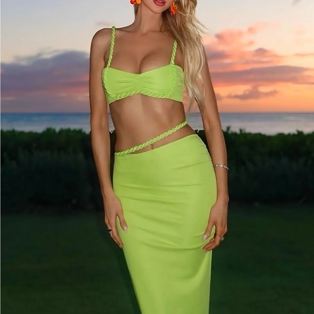 Vibrant Lime Green Skirt Set for Women